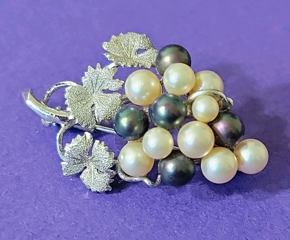 Vintage Silver-Tone Grape Cluster Brooch, Pearl-Style Beads
